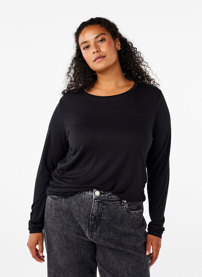 L&aring;ng&auml;rmad blus i ull och viskos, Svart, Model image number 0