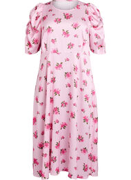 Blommig midikl&auml;nning med puff&auml;rmar, Rosa