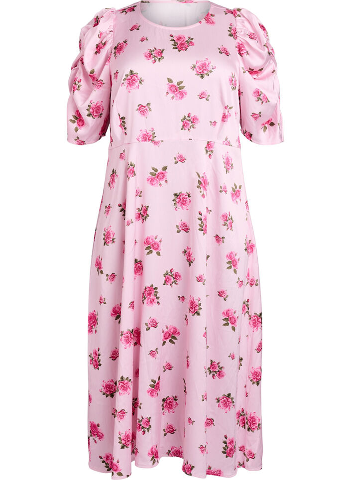 Blommig midikl&auml;nning med puff&auml;rmar, Rosa, Packshot image number 0