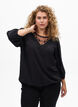 Blus med 3/4-&auml;rm och spetsdetaljer, Svart, Model image number 0