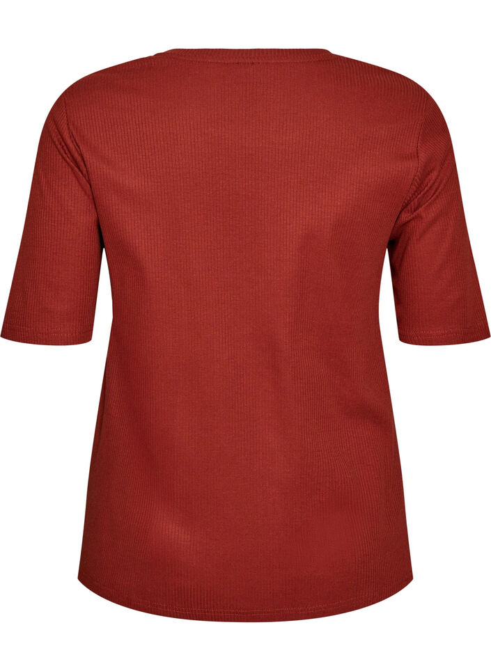 Blus i ribbad jersey med korta &auml;rmar, R&ouml;d, Packshot image number 1