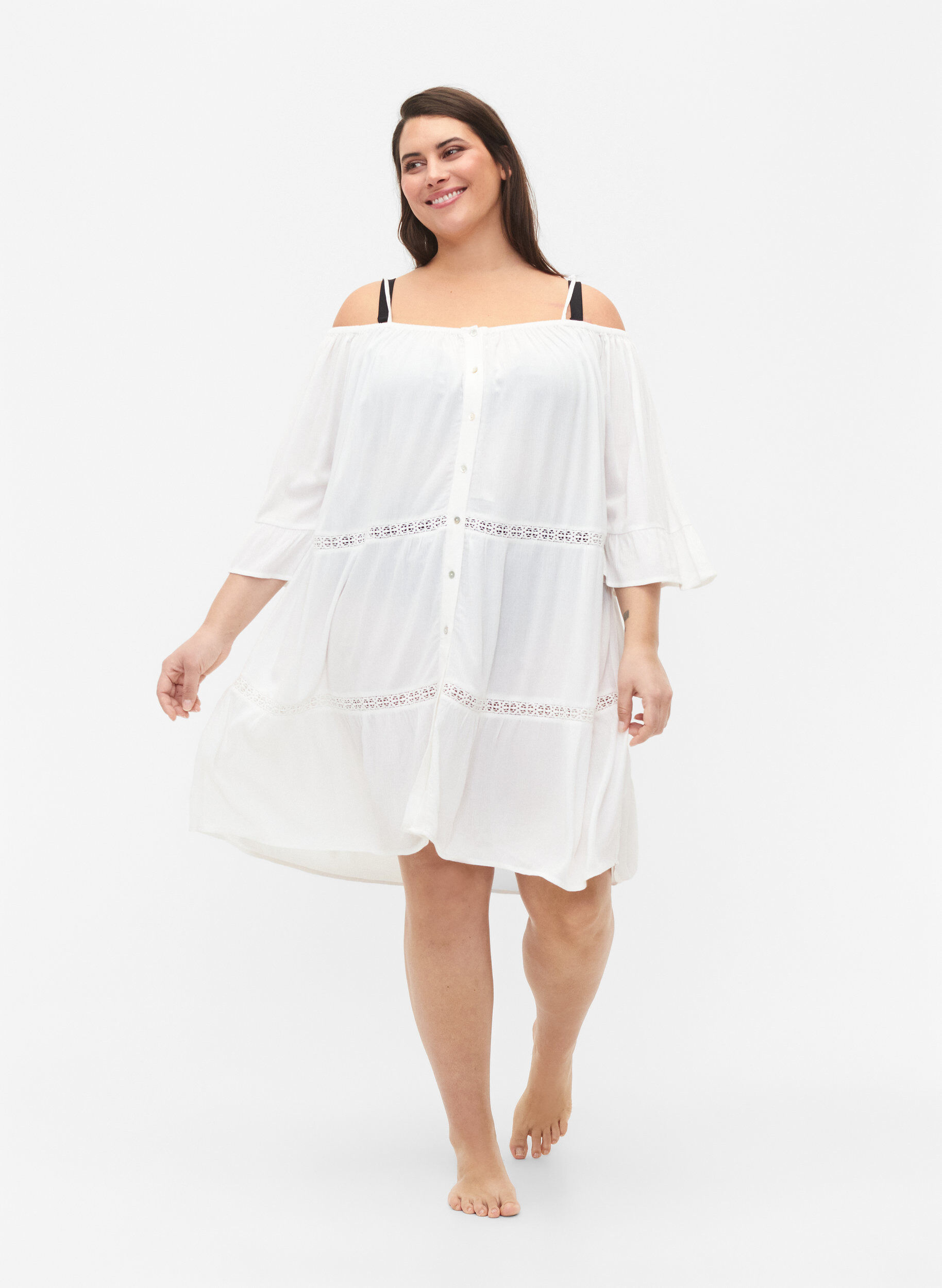 Zizzi Strandtunika med off-shoulder, White, Model image number 2