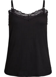 Topp i ribbad jersey med spetskant, Svart