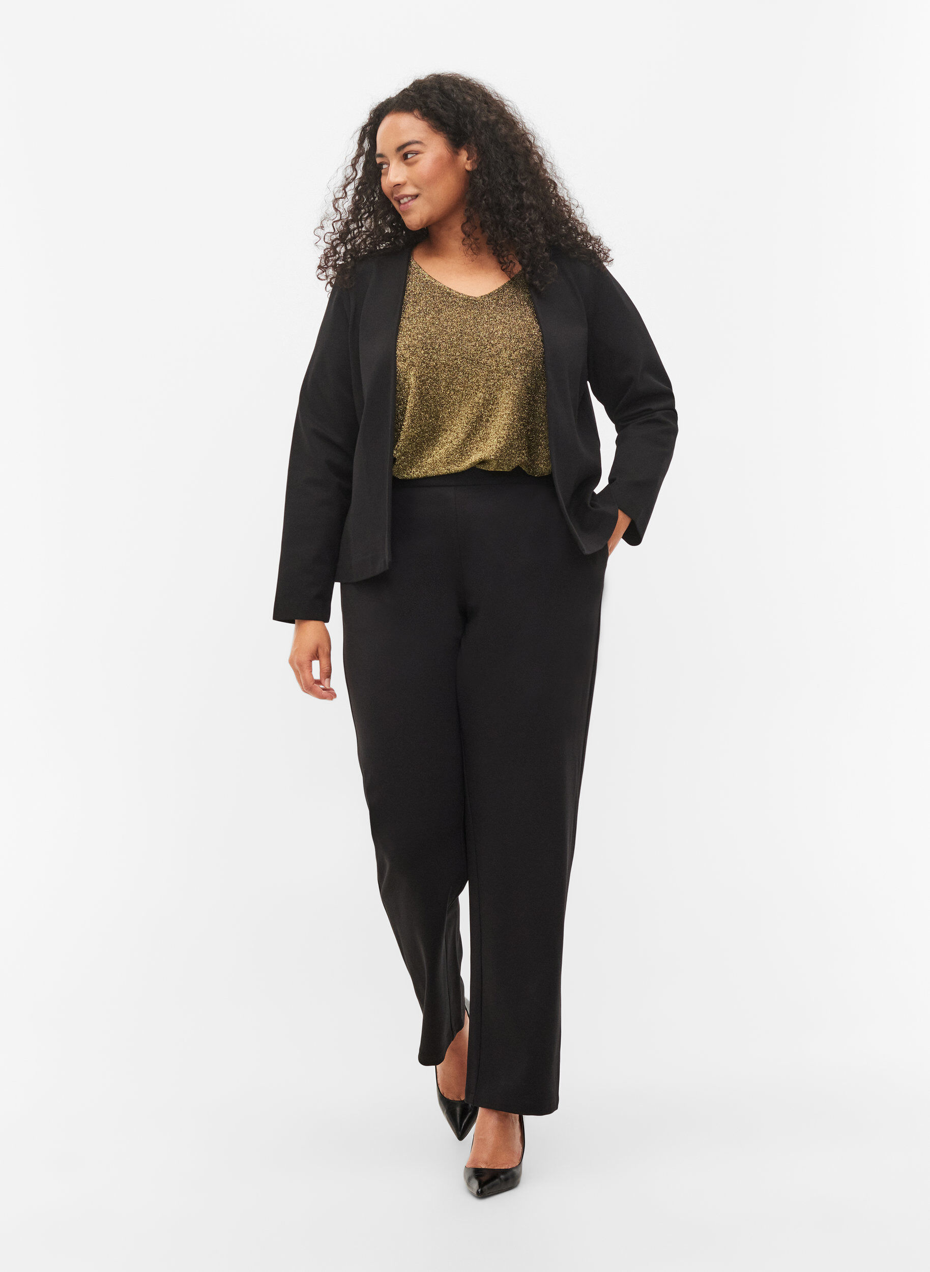 Zizzi Enf&auml;rgad kort &ouml;ppen blazer, Black, Model image number 2