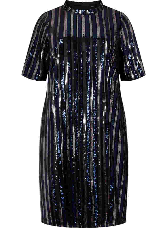 Kortärmad paljettklänning med slits, Evening Blue Stripe , Packshot image number 0