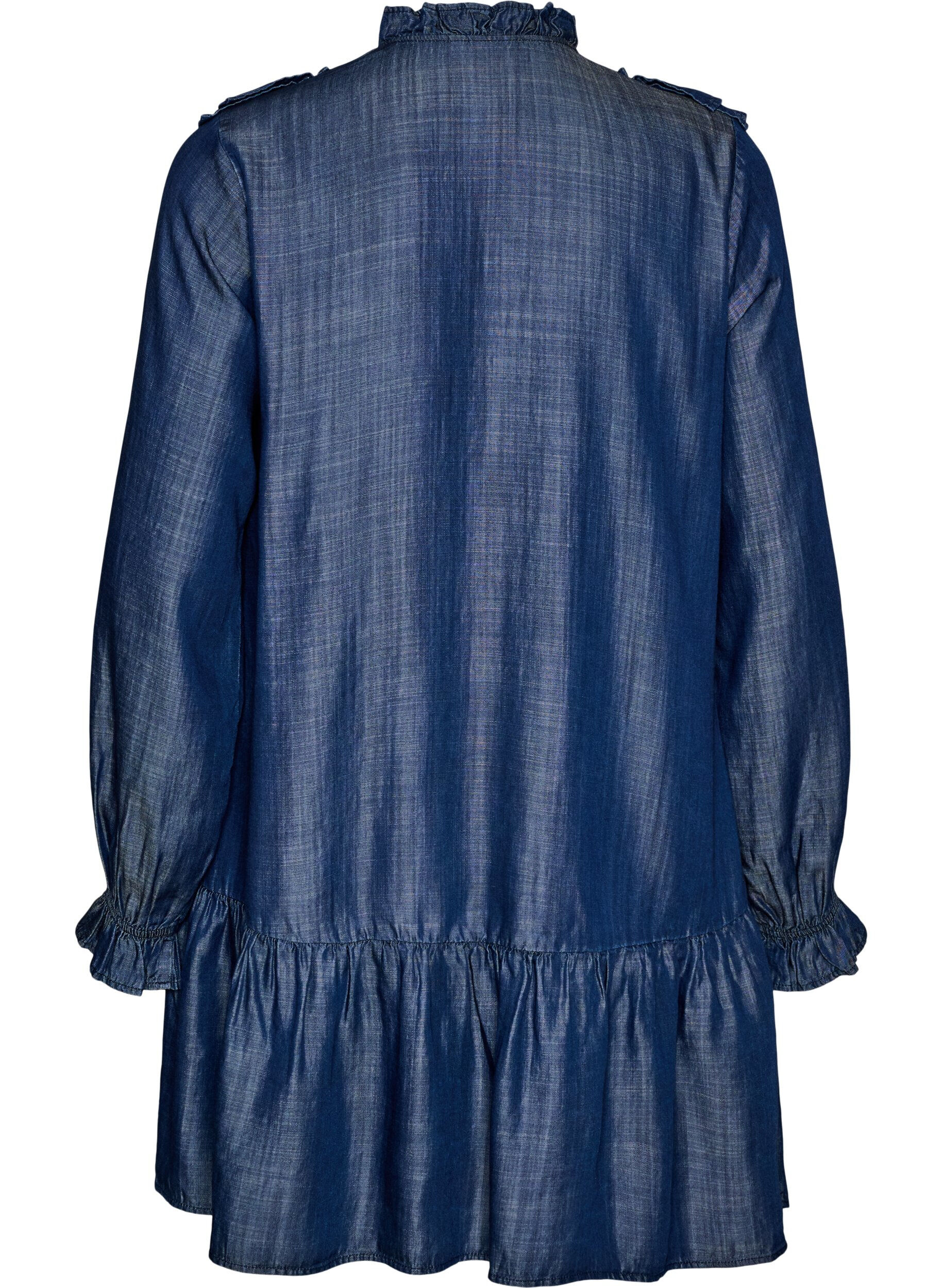 ZizziKort kl&auml;nning i denimlook med volanger, Bl&aring;, Packshot image number 1