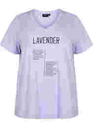 V-ringad t-shirt i bomull med texttryck, Lavender w. Text
