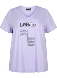 V-ringad t-shirt i bomull med texttryck, Lavender w. Text, Packshot