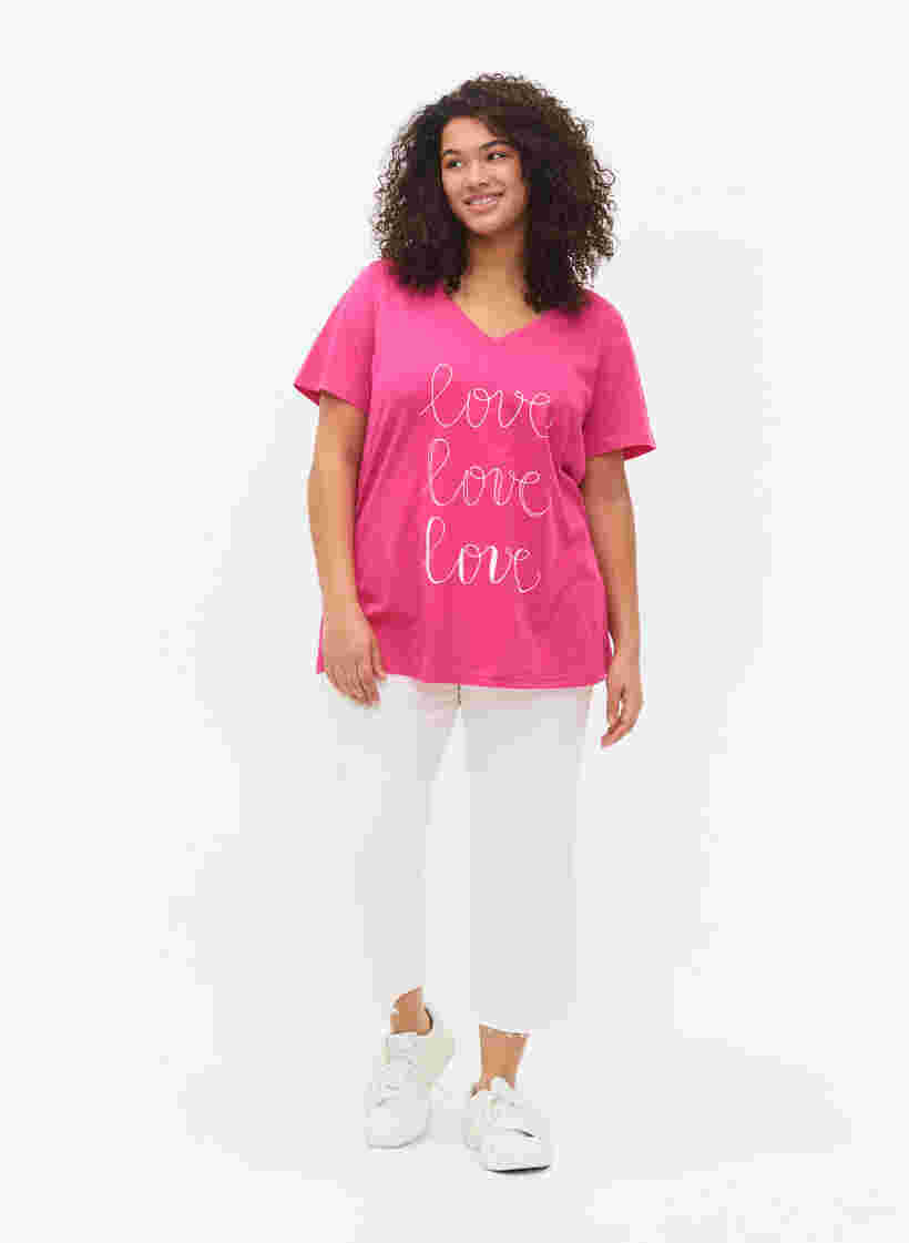 T-shirt i bomull med V-ringad hals och tryck, Fuchsia Purple Love, Model image number 2
