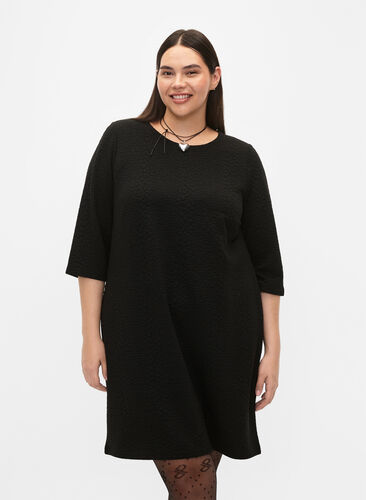 Klänning med textur och trekvartsärmar, Black, Model image number 0