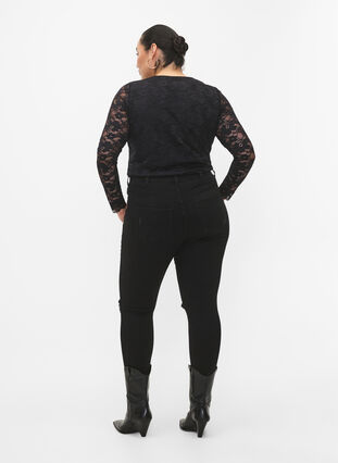 Kroppsnära jeans med slitdetaljer, Black, Model image number 1