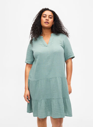 Kortärmad klänning i 100% bomull, Chinois Green, Model image number 0