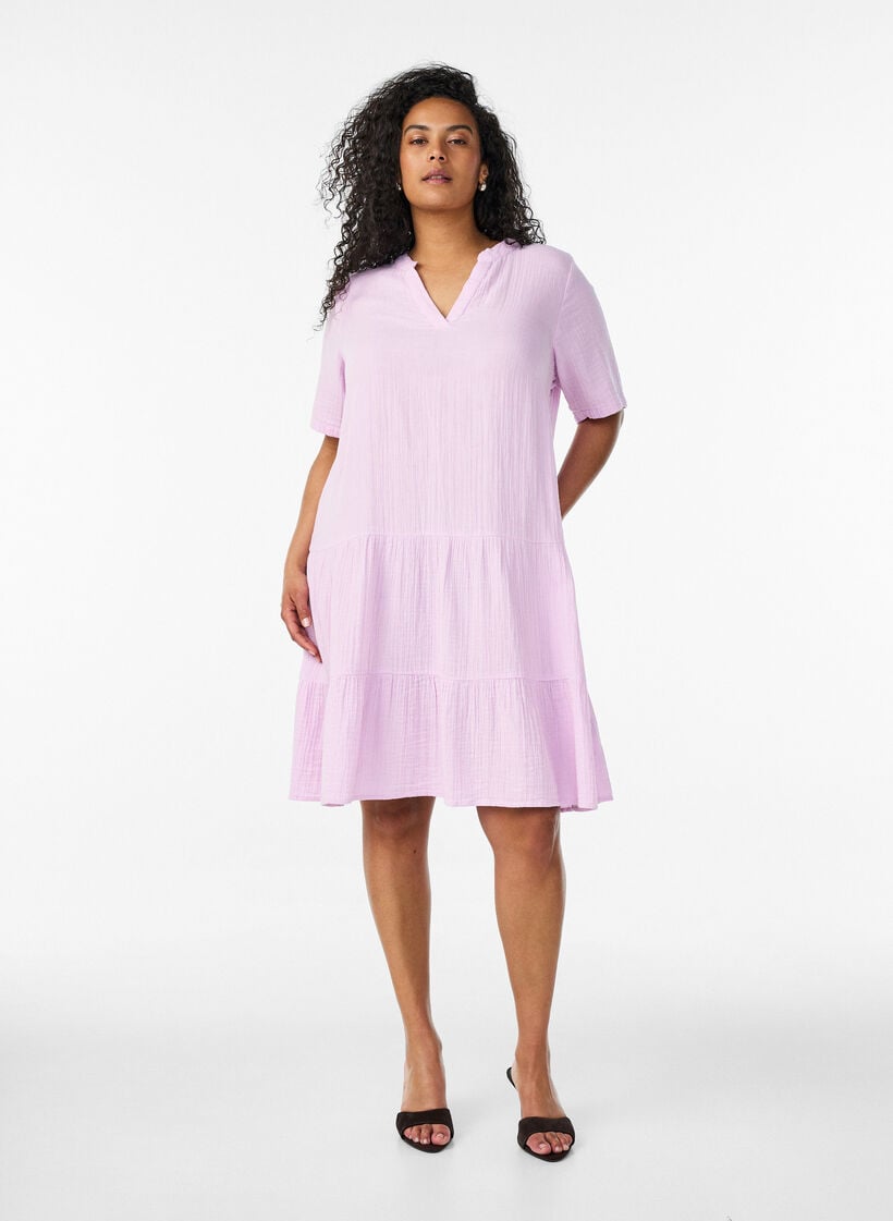 Kort a-linjeformad kl&auml;nning i bomullsmuslin, Lila, Model image number 1