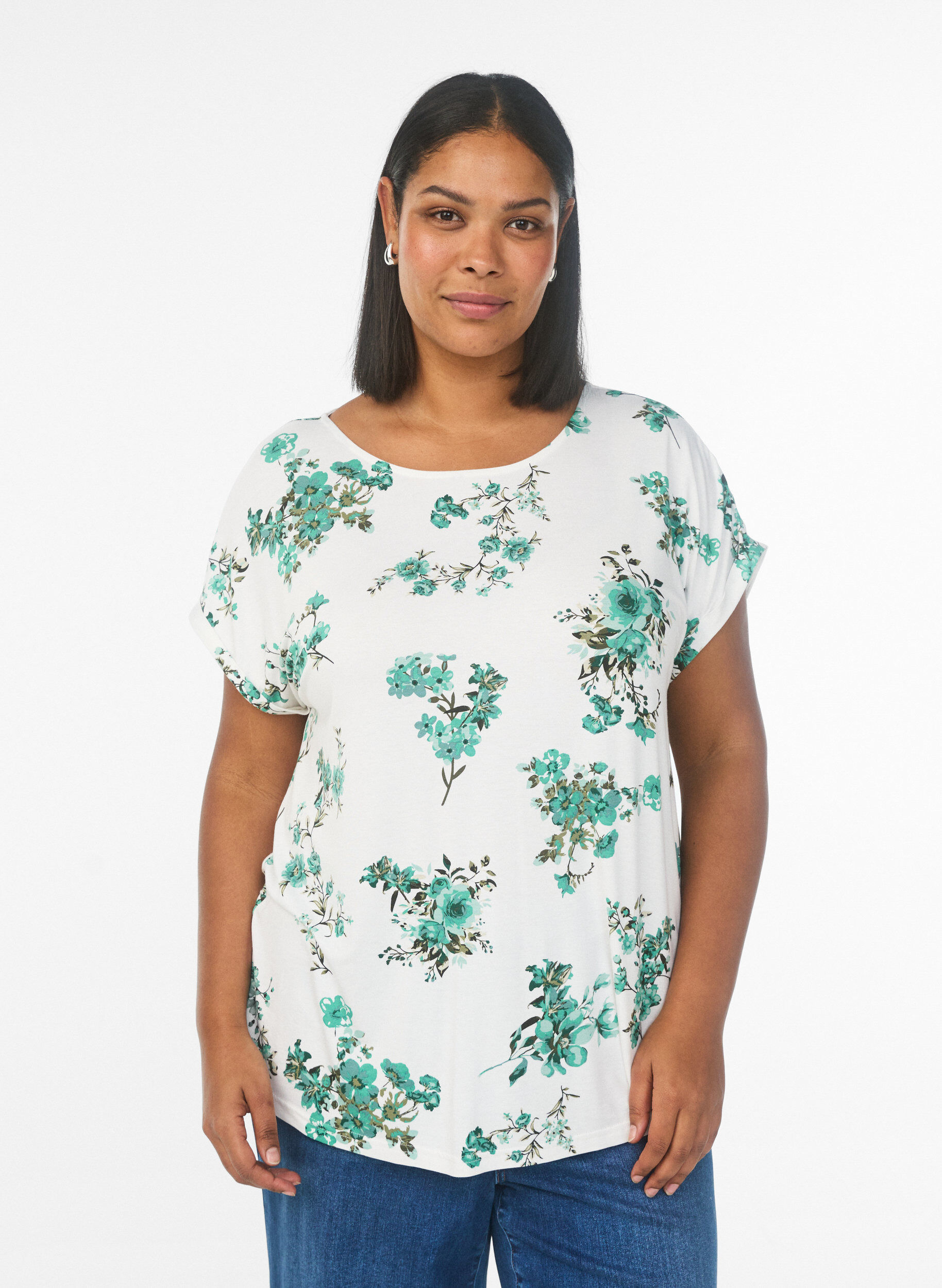T-shirt med blommigt tryck, Vit, Model