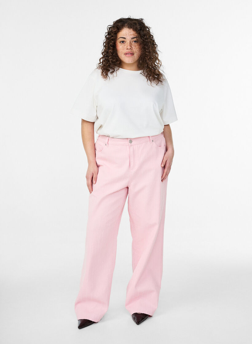 Myra jeans i f&auml;rgad denim med bred passform och texturerat m&ouml;nster, Rosa, Model image number 0
