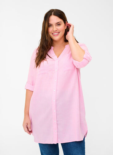 Skjortblus med v-ringning och fickor, Cameo Pink, Model image number 0