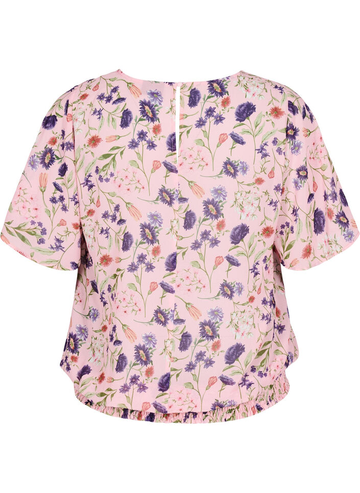 Blus i blommigt med korta &auml;rmar och smock, Rosa, Packshot image number 1