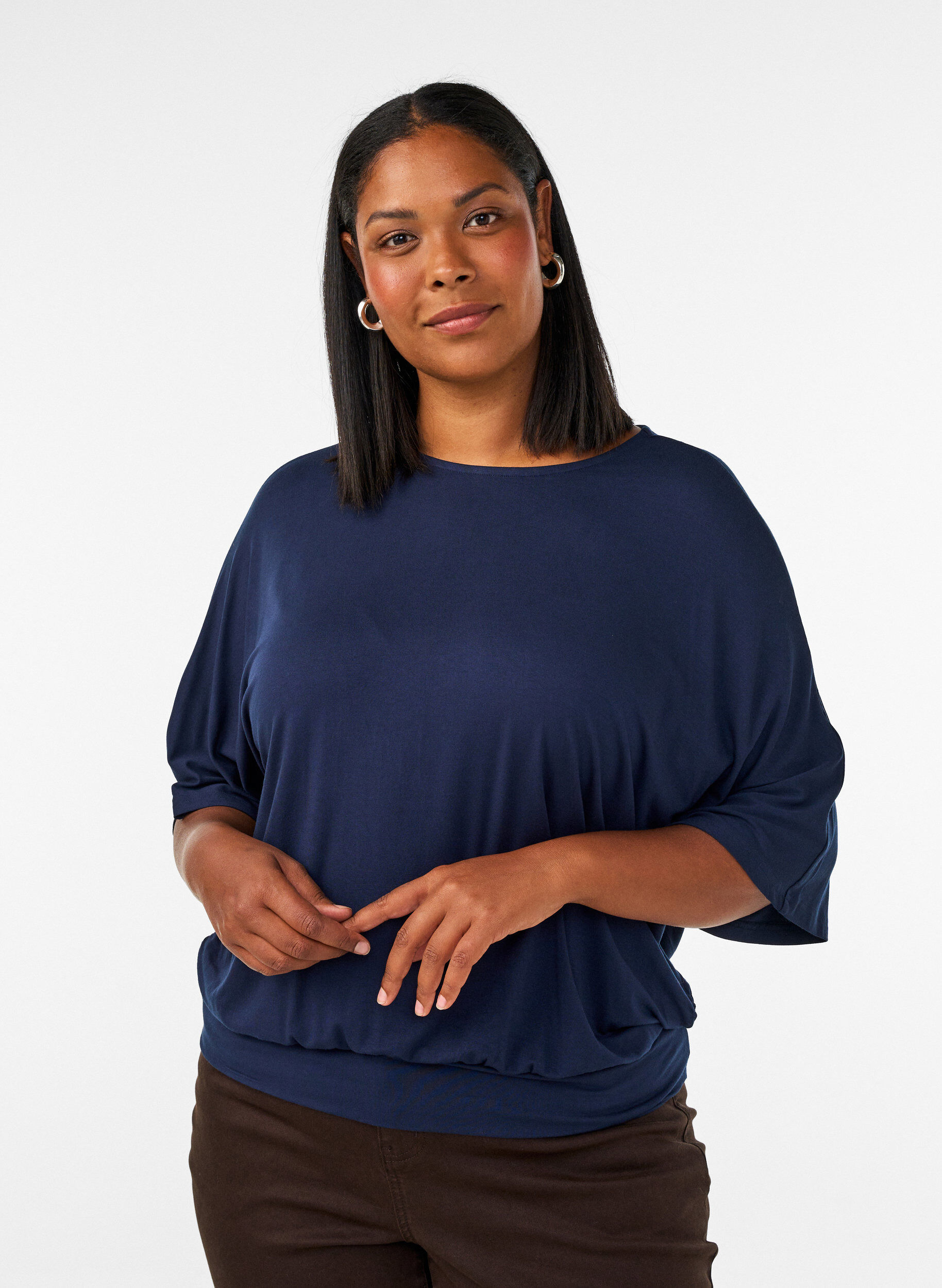 ZizziBlus i jersey med armb&aring;gsl&aring;nga ballong&auml;rmar, Bl&aring;, Model image number 0