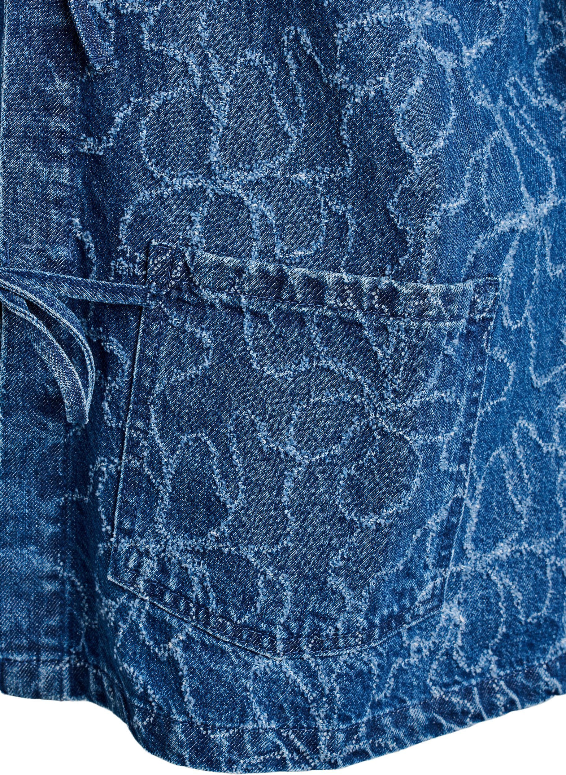 Zizzi Jeansjacka med knytning och fickor, Blue Denim Destroy, Packshot image number 3