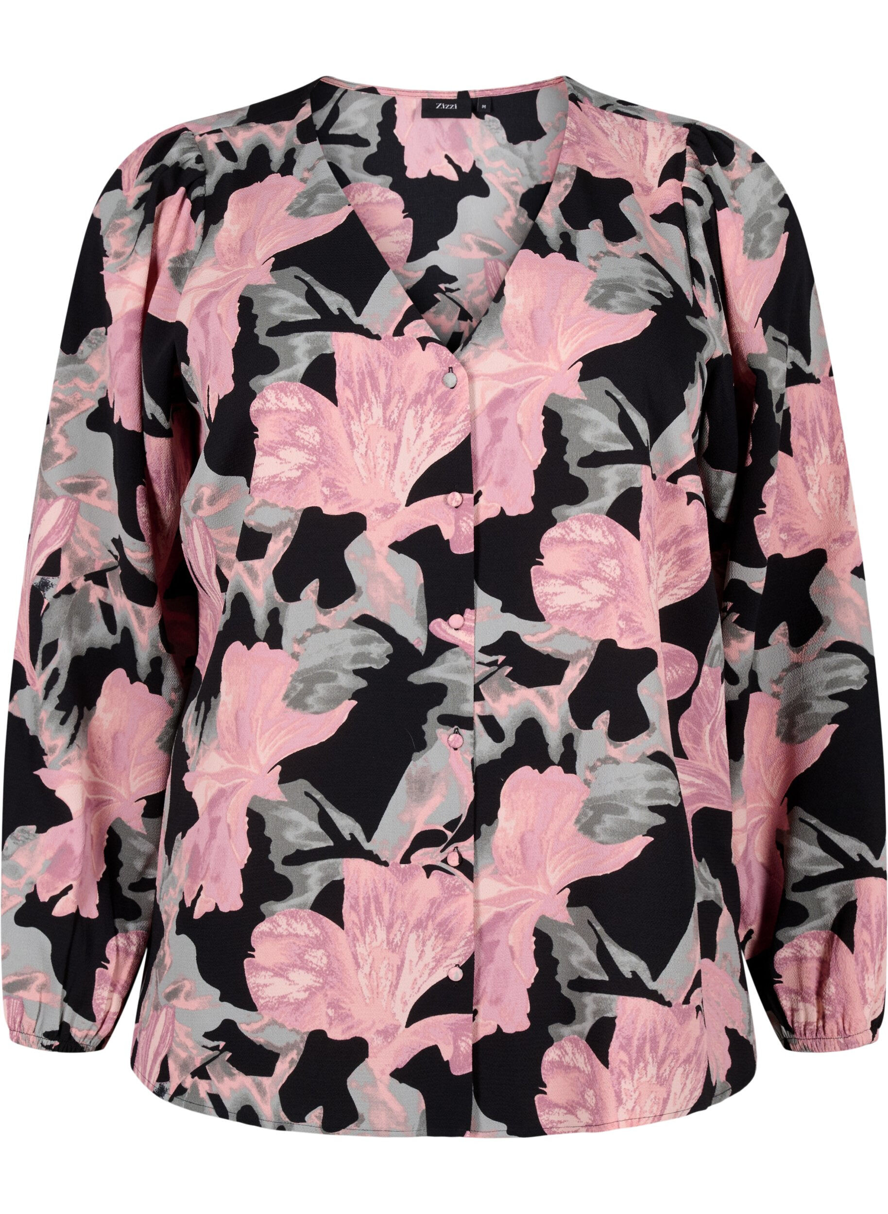 Zizzi Skjortblus med V-ringning och tryck, Black Pale Mauve Fl., Packshot image number 0
