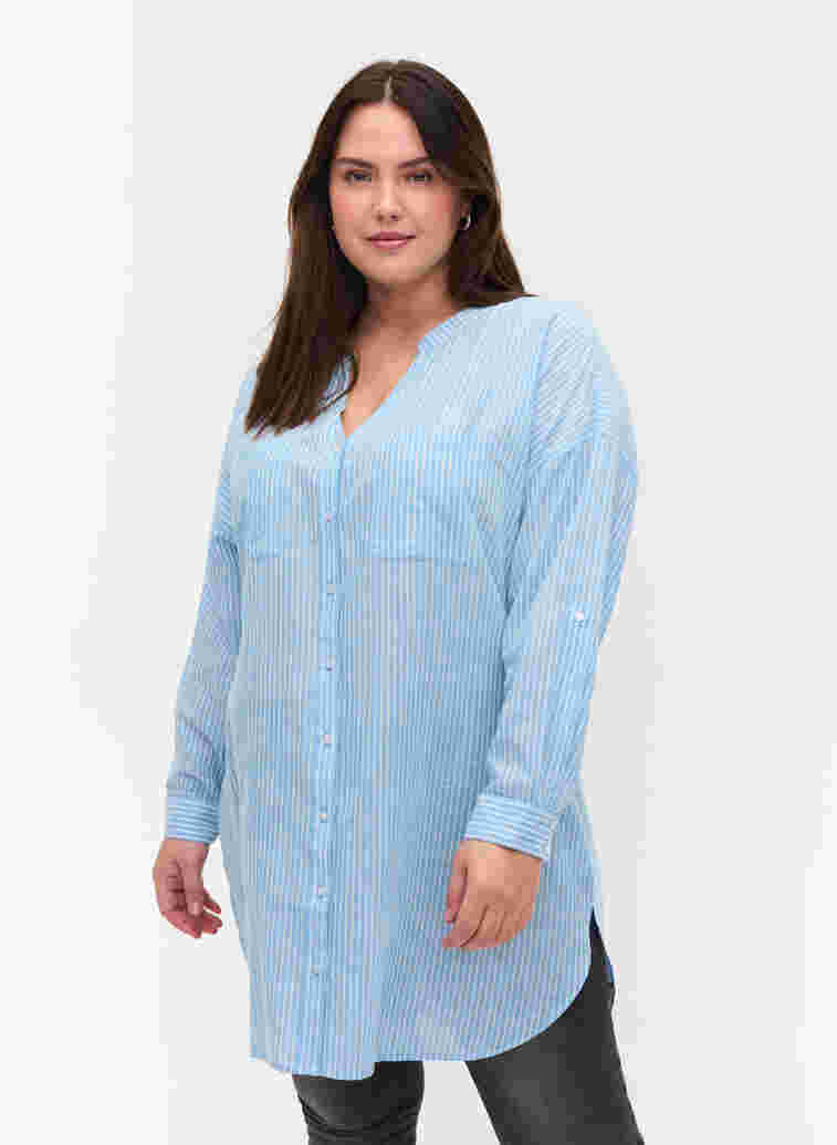 Randig skjorta i 100% bomull, Lichen Blue Stripe , Model image number 0