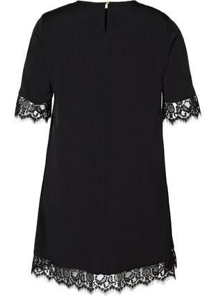 Kortärmad klänning med spetsdetaljer, Black, Packshot image number 1