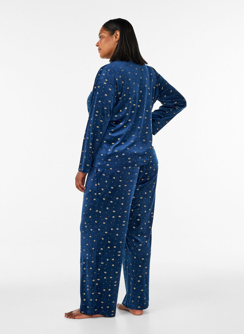 Pyjamasbyxor i velour med helt&auml;ckande m&ouml;nster, Bl&aring;, Model image number 1