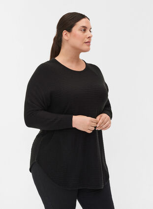 Stickad tröja med struktur och rund hals, Black, Model image number 0