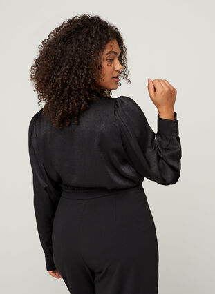 Skjorta med struktur och långa puffärmar, Black, Model image number 1