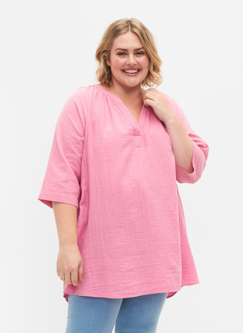 Bomullstunika med 3/4-ärmar, Rosebloom, Model image number 0