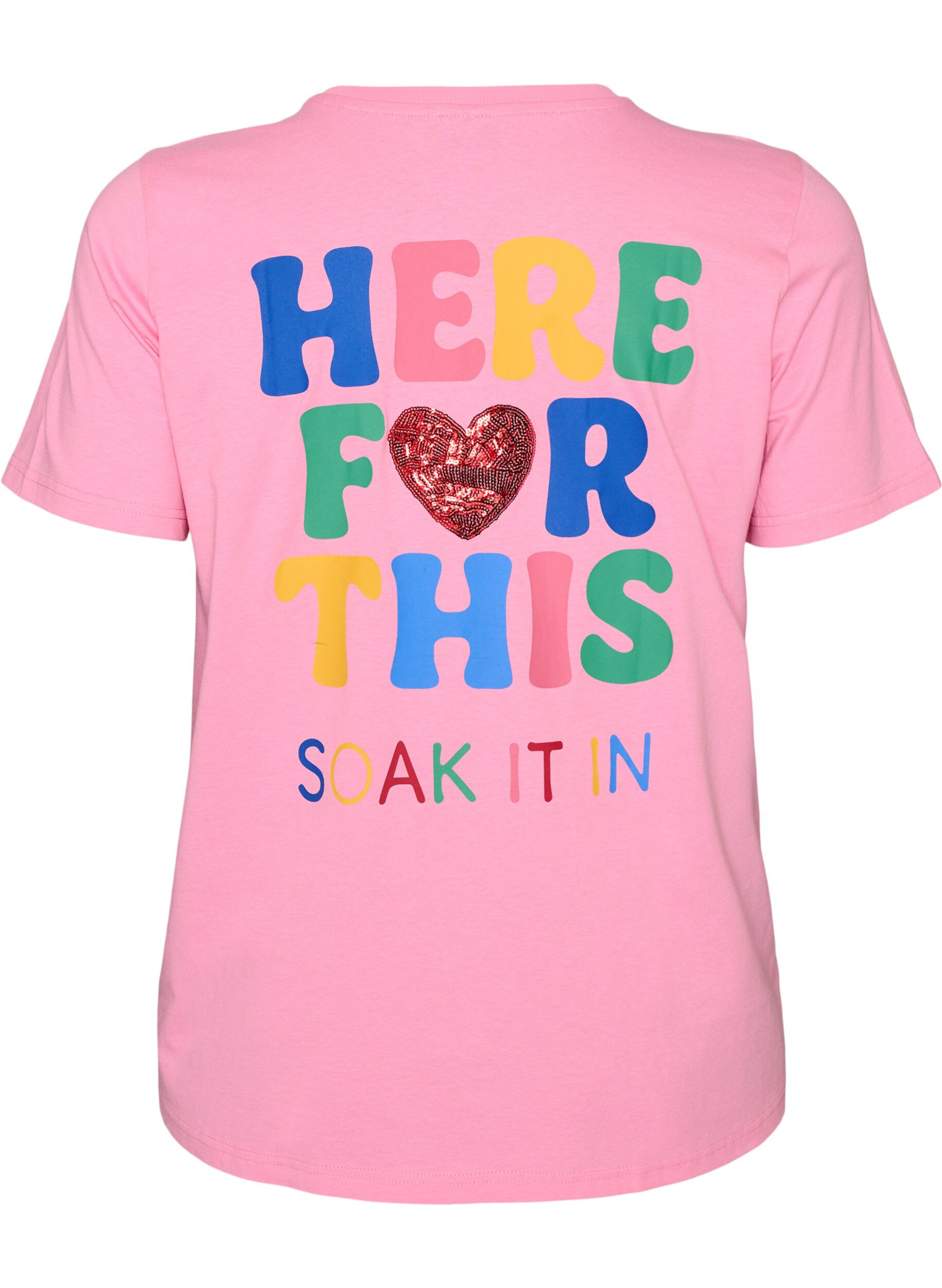 ZizziT-shirt med paljetthj&auml;rta och f&auml;rgglatt tryck p&aring; ryggen, Rosa, Packshot image number 1