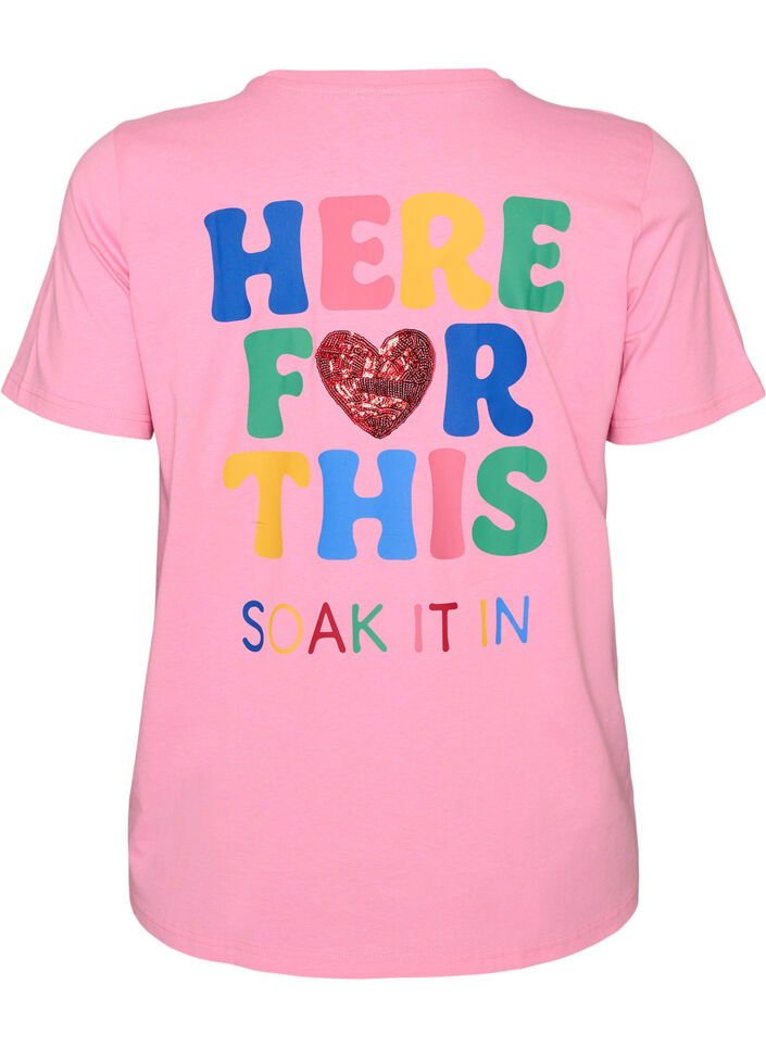 T-shirt med paljetthj&auml;rta och f&auml;rgglatt tryck p&aring; ryggen, Rosa, Packshot image number 1
