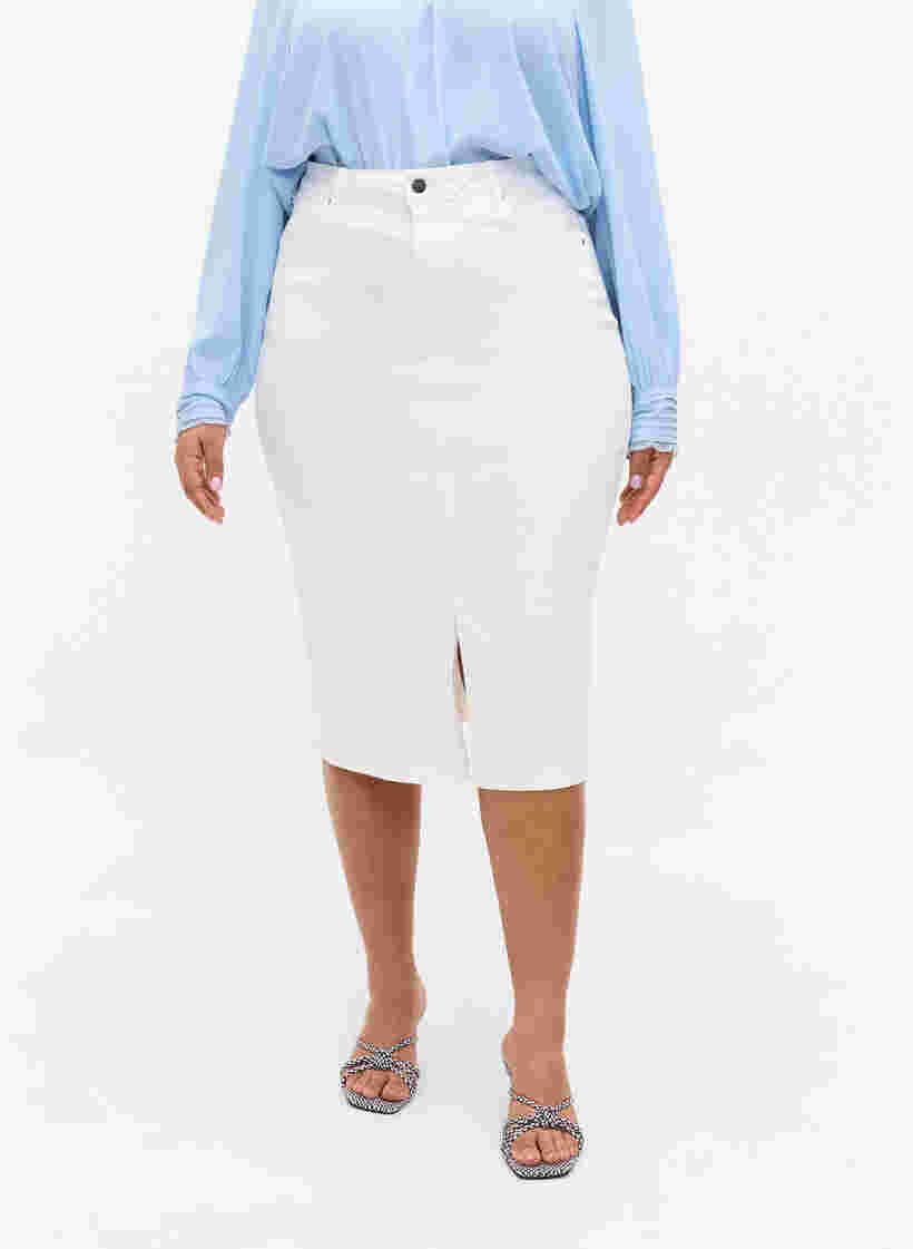 Knälång jeanskjol med slits, White, Model image number 1