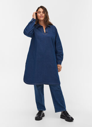 Denimklänning med slits och v-ringning, Blue denim, Model image number 3