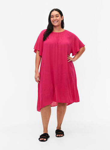 Viskosklänning med korta ärmar, Bright Rose, Model image number 2