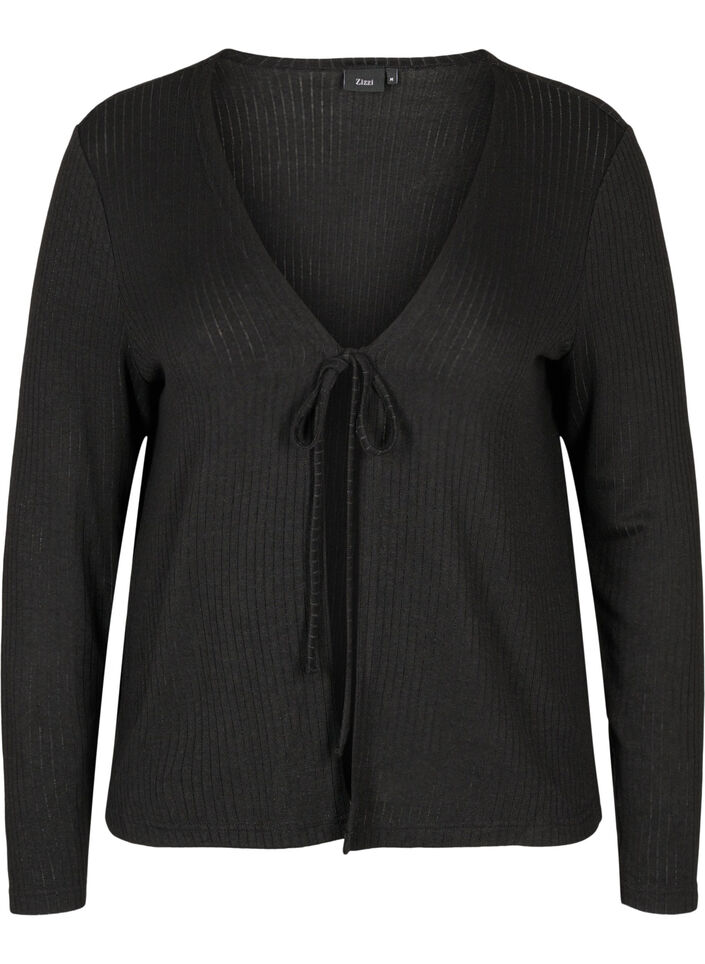 Ribbstickad cardigan med snörning, Black, Packshot image number 0