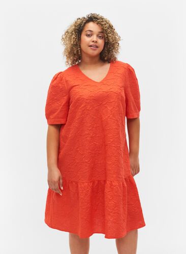 Strukturerad klänning med korta puffärmar, Mandarin Red, Model image number 0