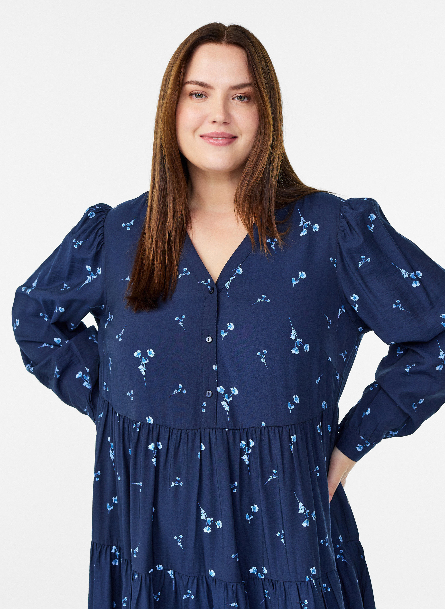 Zizzi Midikl&auml;nning med v-ringning och A-linjeform, Bl&aring;, Model image number 2