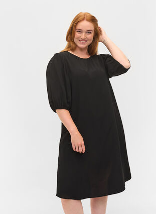 Viskosklänning med ryggdetalj, Black, Model image number 0