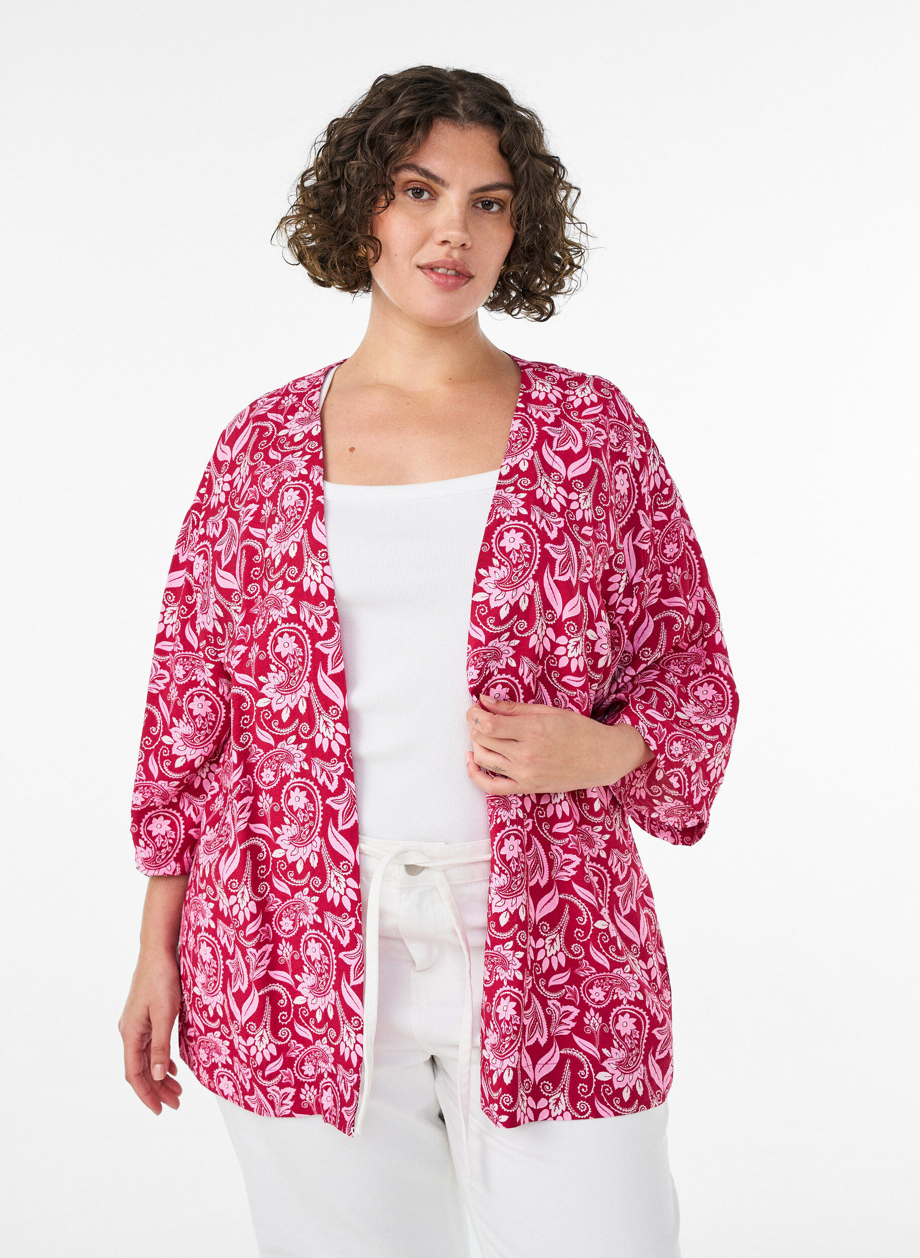 ZizziKort kimono i viskos med 3/4-&auml;rmar, Rosa, Model image number 0
