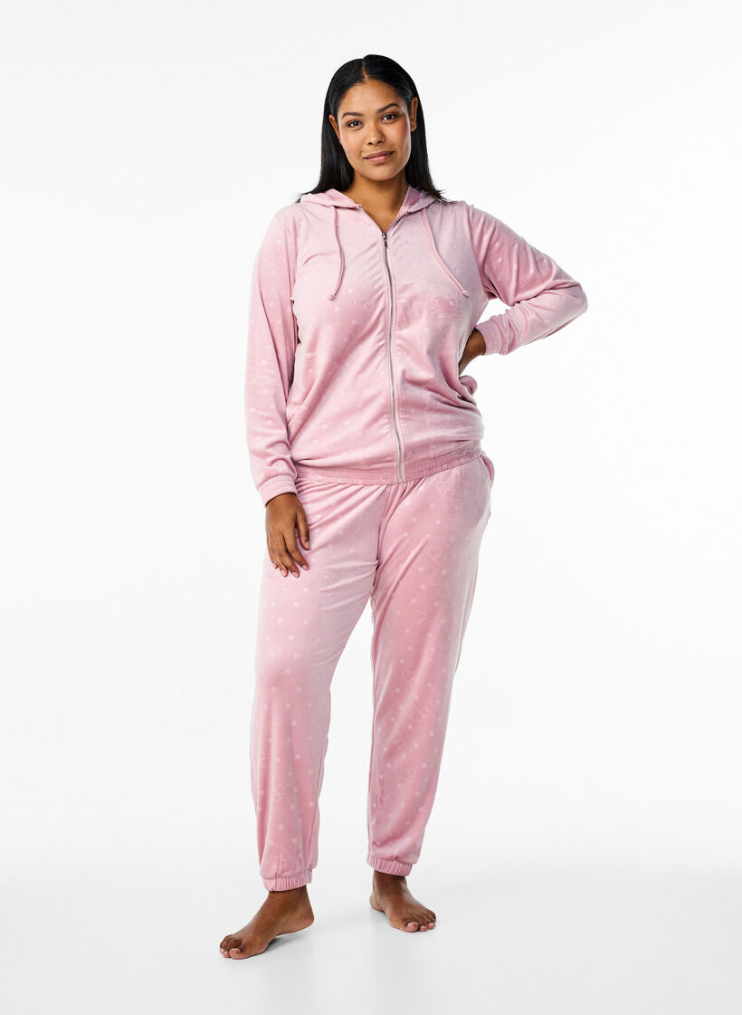 Velourcardigan med huva och fickor, Rosa, Model image number 1