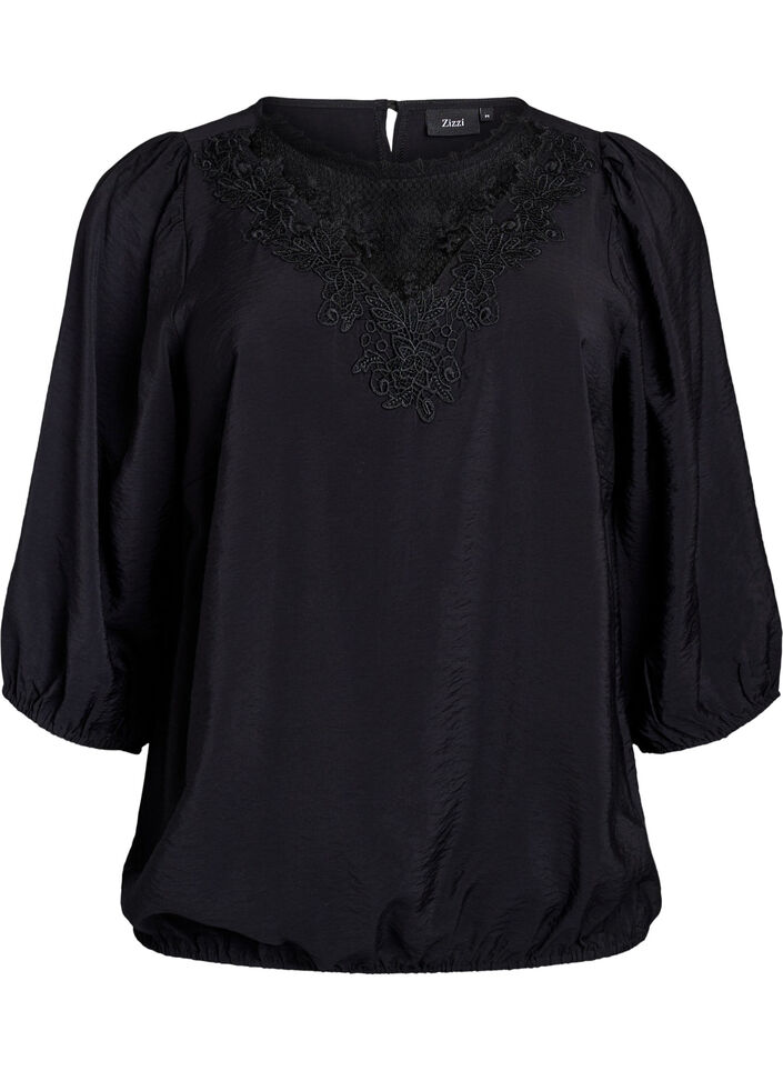 Blus med 3/4-&auml;rm och spetsdetaljer, Svart, Packshot image number 0