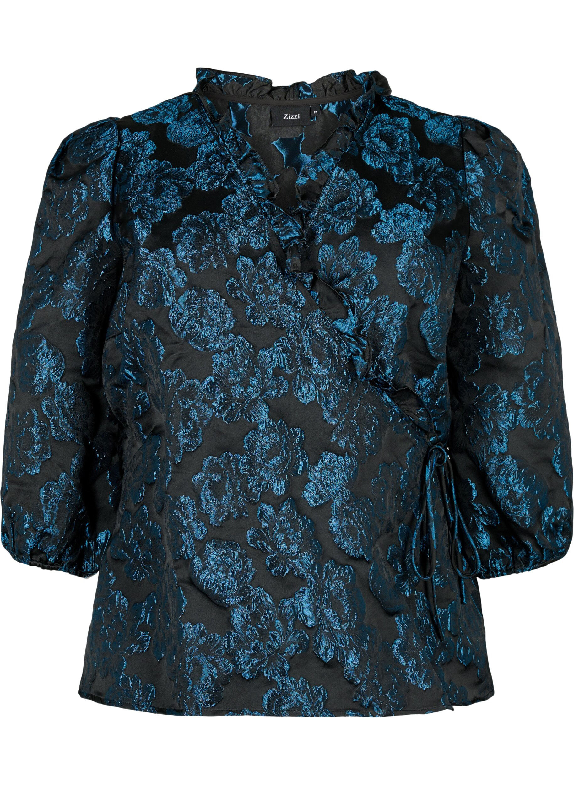 Zizzi Omlottblus i jacquard med 3/4-&auml;rmar, Black Blue, Packshot image number 0