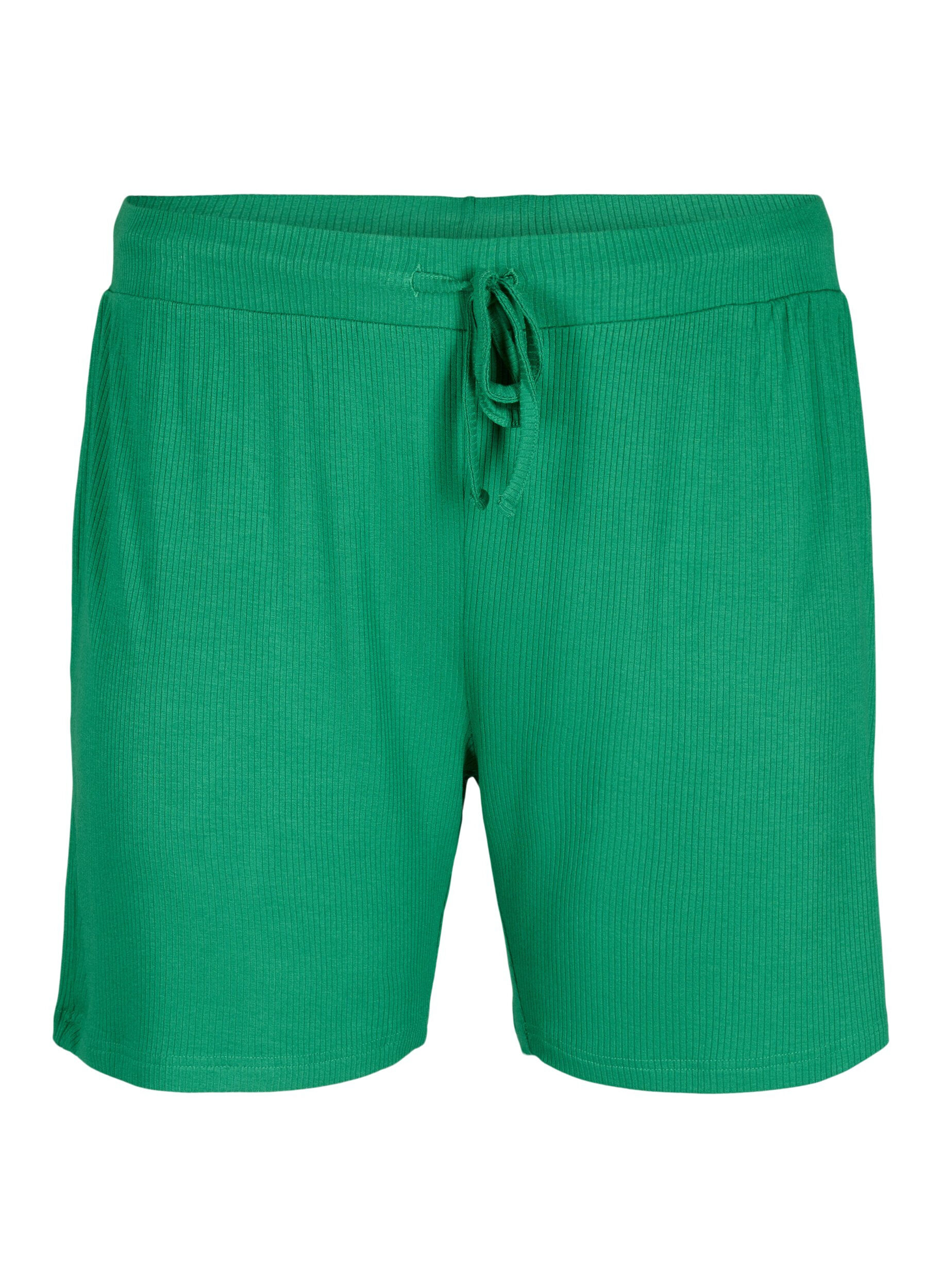 Zizzi L&ouml;st sittande viskosshorts med ribbad kant, Jolly Green, Packshot image number 0