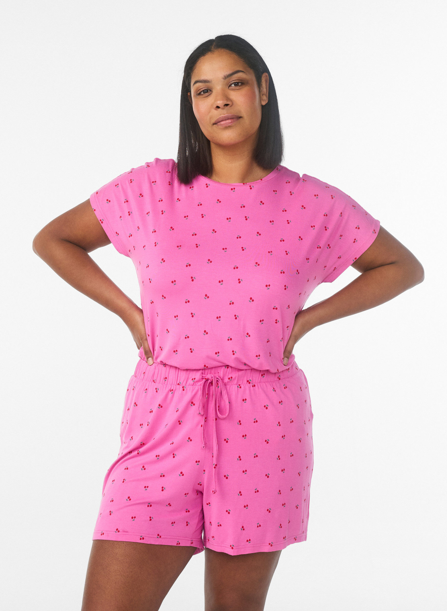 Zizzi Pyjamastr&ouml;ja i viskos med helt&auml;ckande m&ouml;nster, Rosa, Model image number 0