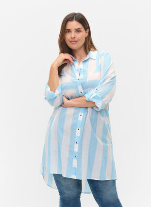 Randig bomullsskjorta med 3/4-ärmar, Blue Bell Stripe, Model image number 0