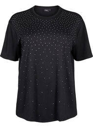 T-shirt med strassstenar och rund hals, Svart