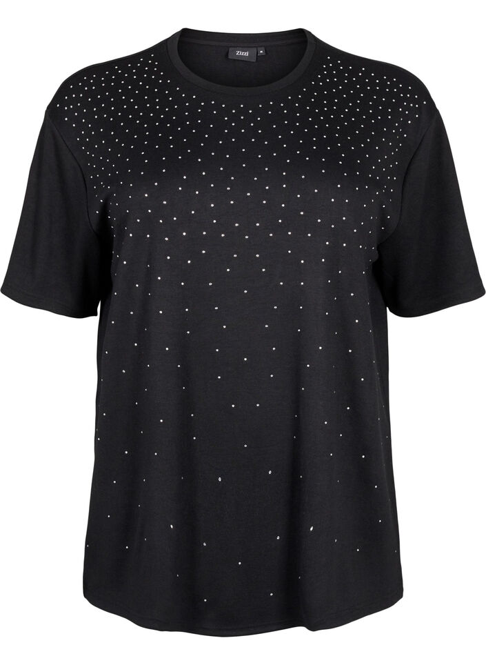T-shirt med strassstenar och rund hals, Svart, Packshot image number 0