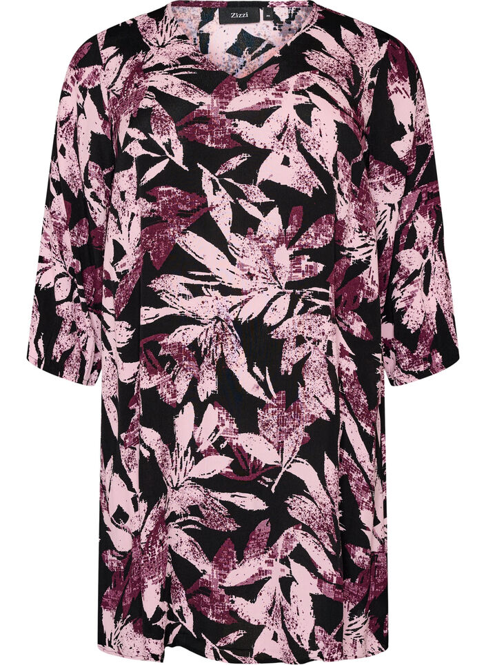 Kort, blommig kl&auml;nning i viskos med 3/4-&auml;rmar, Svart, Packshot image number 0