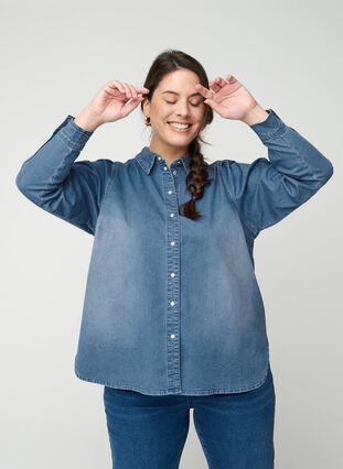 Denimskjorta med puffärmar, Blue denim, Model image number 2